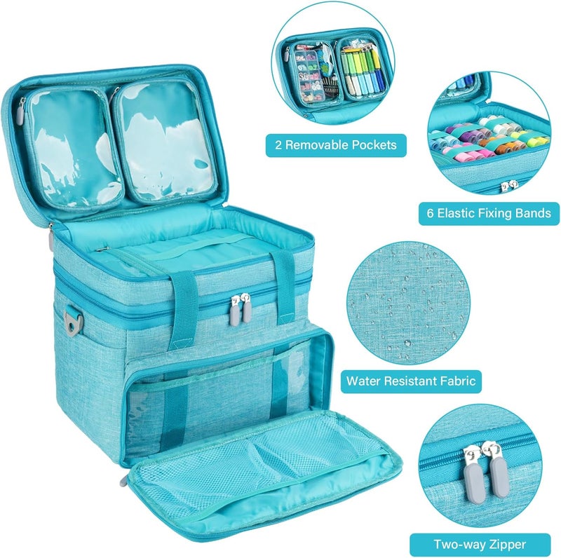 MRINCA Sewing Accessories Organizer Bag, Double Layer Sewing Storage Bag with Shoulder Strap, 2 Detachable Pouches, Large Portable Sewing Travel Case for Supplies, Thread, Scissors, Tools (Blue) - Image 3